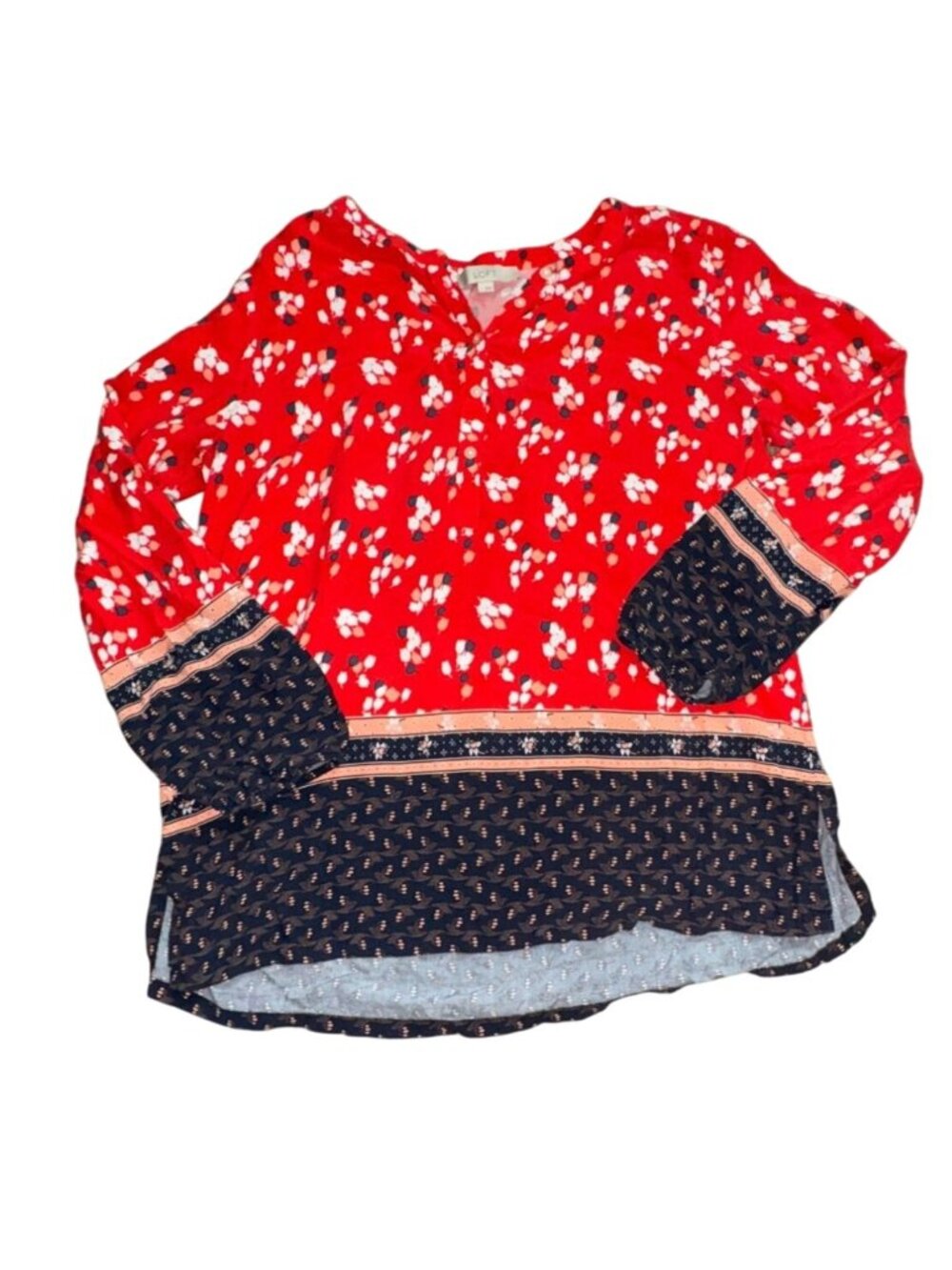 Ann Taylor LOFT Floral Print Henley Blouse-Red/Blue-Size L-GUC
